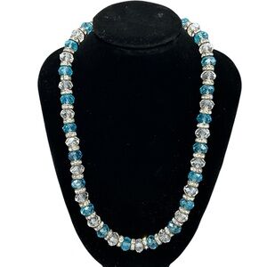 Blue & Clear Faceted Glass Bead Necklace w/ Rhinestone Spacers